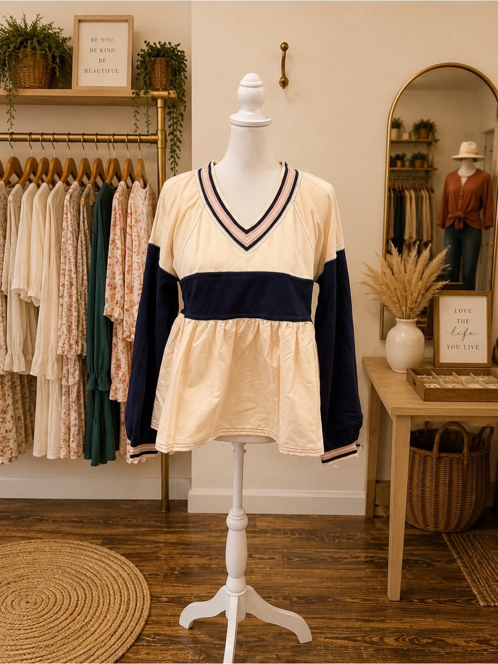 Entro Colorblock Babydoll Top Small NWT Pink Cream Blue